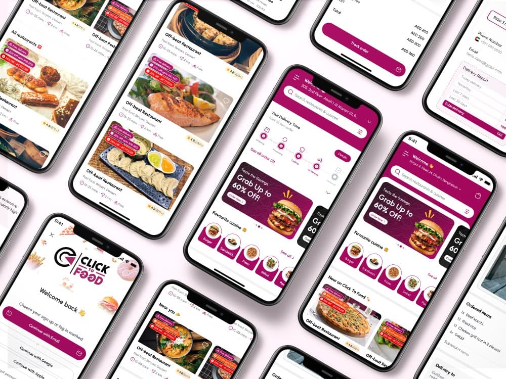 ClickToFood Customer App screens on a phone